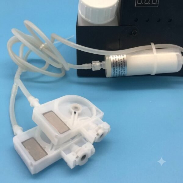 White Ink Circulation for A3 Printer India – Reliable Ink System - A close-up view of two white plastic peristaltic pump heads in the foreground connected by flexible clear tubing to a white inline cylindrical filter and a black control box on a light blue background.
