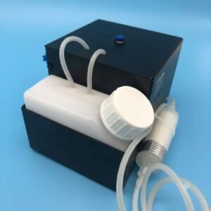 White Ink Circulation for A3 Printer India – Reliable Ink System - Close-up of a DTF printer white ink circulation reservoir tank with a white screw cap, dual top silicone lines entering the black control casing, and a side-mounted main inline filter on a light blue background.
