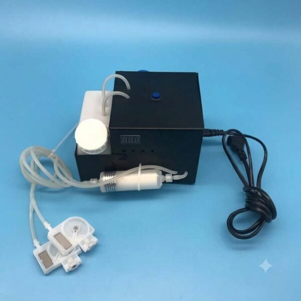 White Ink Circulation for A3 Printer India – Reliable Ink System - Full product layout of a DTF white ink circulation system showing the black control box with digital display, attached ink tank, inline filter, dual dampers, and a black power cable coiled on the right over a light blue background.