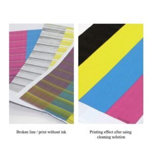 Side-by-side comparison showing streaky, broken lines on a test print before cleaning versus smooth, solid color blocks after using cleaning solution.