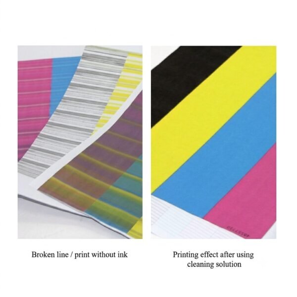 Side-by-side comparison showing streaky, broken lines on a test print before cleaning versus smooth, solid color blocks after using cleaning solution.