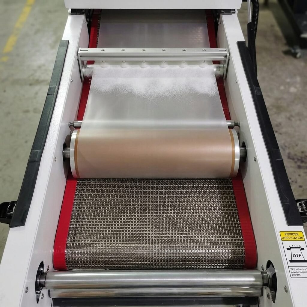 DTF Audley Dual Head I3200 Printer 12 inch with Powder Shaker – High-Precision Mid-Range DTF Printer | ProlificGeeks - Top-down view of a DTF powder shaker showing a stainless steel wire mesh conveyor belt with red borders and feed rollers inside a heating tunnel.