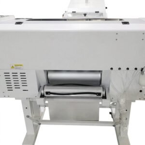 DTF Audley Dual Head I3200 Printer 12 inch with Powder Shaker – High-Precision Mid-Range DTF Printer | ProlificGeeks - Front close-up view of a white DTF powder shaker and heater unit with silver feed rollers and ink tube lines.