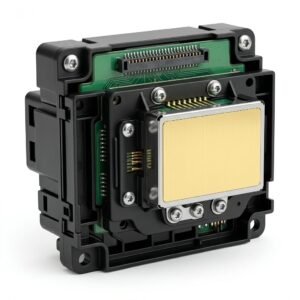 DTF XP600 Printhead – Original Epson Print Head for DTF Printers | ProlificGeeks / DTFShop.in - Industrial-grade large format printer printhead unit, featuring a large golden contact pad, exposed green circuit board with microelectronics, and precision black plastic housing, isolated on a clean white background.