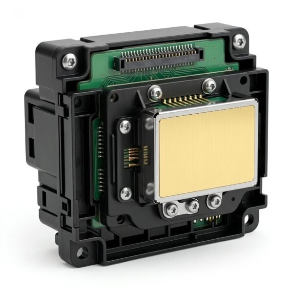 DTF XP600 Printhead – Original Epson Print Head for DTF Printers | ProlificGeeks / DTFShop.in - Industrial-grade large format printer printhead unit, featuring a large golden contact pad, exposed green circuit board with microelectronics, and precision black plastic housing, isolated on a clean white background.