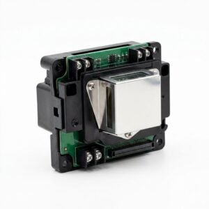 DTF XP600 Printhead – Original Epson Print Head for DTF Printers | ProlificGeeks / DTFShop.in - Industrial large format printer printhead module featuring a polished metallic heat sink, exposed green circuit board with microelectronics, screw terminals, and a wide connector strip, isolated on a clean white background.