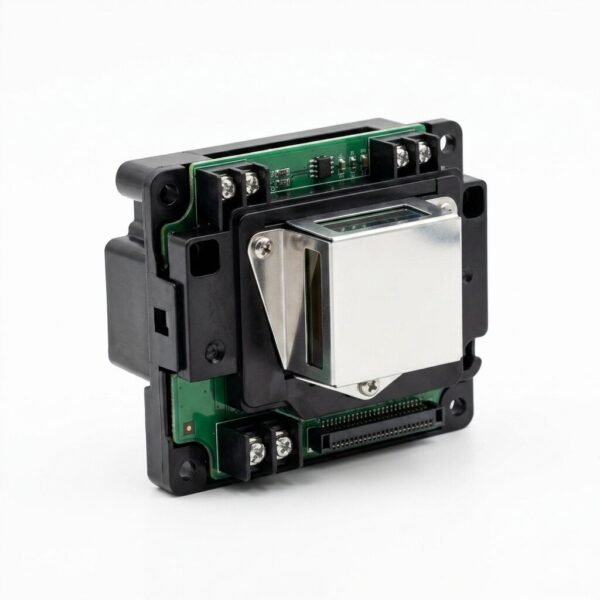 DTF XP600 Printhead – Original Epson Print Head for DTF Printers | ProlificGeeks / DTFShop.in - Industrial large format printer printhead module featuring a polished metallic heat sink, exposed green circuit board with microelectronics, screw terminals, and a wide connector strip, isolated on a clean white background.