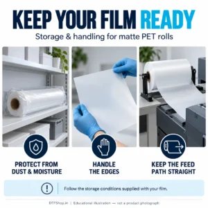 Premium DTF Film Roll India – Hybrid Matte PET Textile Transfer | Best for DTF Printer Performance - Illustrated matte PET film storage guide: protect from dust and moisture, handle edges and keep the feed path straight