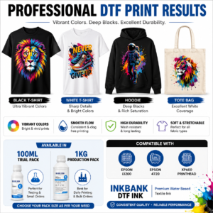 Professional DTF print output samples on T shirts hoodies and tote bags using INKBANK DTF Ink compatible with Epson i3200 4720 and XP600 printers