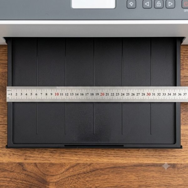 A3 DTF L18050 Printer with Module โ Powerful & Compact DTF Printing Machine | ProlificGeeks - Close-up of a stainless steel ruler measuring the 30 cm width of a desktop DTF printer output tray on a wooden desk.