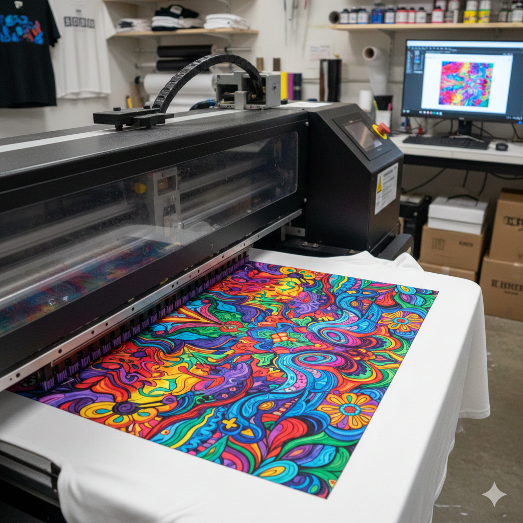 DTG Printing machine printing custom t-shirt