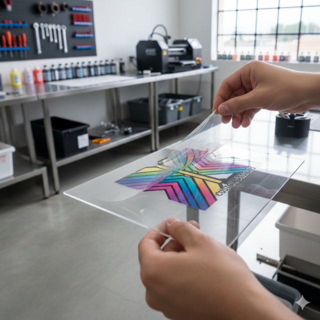 UVDTF Printing process on acrylic surface