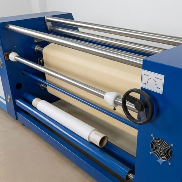 Industrial Sublimation Printer India | High-Speed 48/72 Inch Textile Textile Production System - Industrial rotary heat transfer machine featuring heavy-duty blue frame, metal rollers, manual adjustment wheel, and roll-to-roll fabric feeding system.