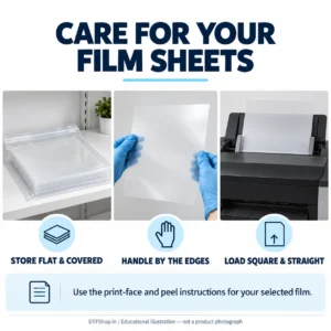 DTF PET Film Sheets India – Premium A3/A4 Matte, Glossy, Metallic & Special Effects for DTF Printer - Illustrated PET film-sheet care guide: store flat and covered, handle edges and load sheets straight