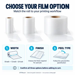 Premium DTF Film Roll India – Hybrid Matte PET Textile Transfer | Best for DTF Printer Performance - Illustrated PET film selection guide showing width, finish and peel-type options to confirm before ordering