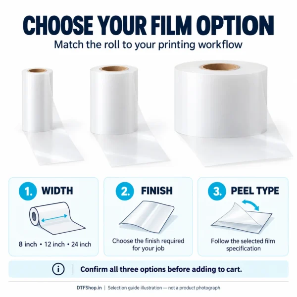 Premium DTF Film Roll India – Hybrid Matte PET Textile Transfer | Best for DTF Printer Performance - Illustrated PET film selection guide showing width, finish and peel-type options to confirm before ordering
