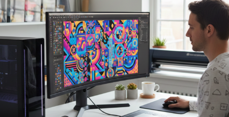 Graphic designer preparing artwork for vinyl printing