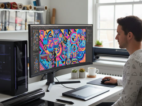 Graphic designer preparing artwork for vinyl printing