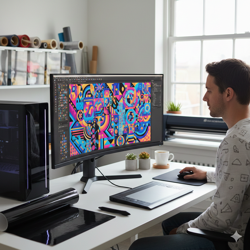 Vinyl Printing – Best Step-by-Step Process for Beginners (Proven Results) - Graphic designer preparing artwork for vinyl printing