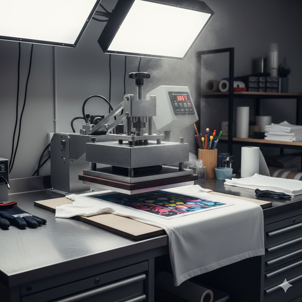 Sublimation printing process with heat press and sublimation paper