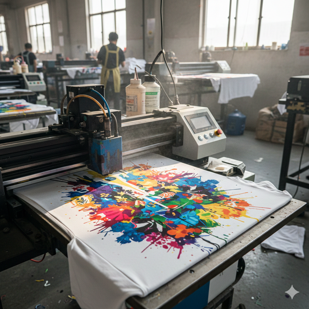 DTG printer applying color ink on a cotton T-shirt.