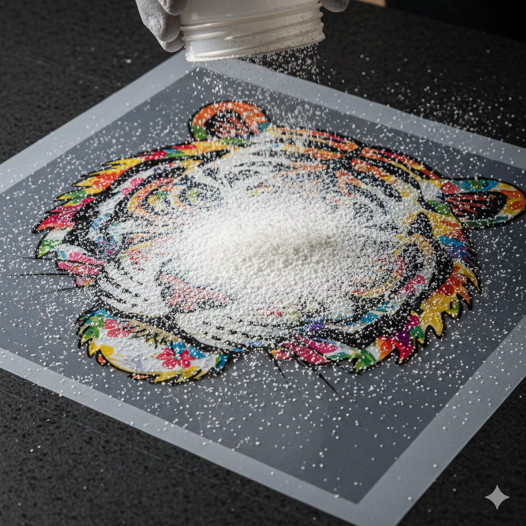 DTF Printing powder application on wet ink