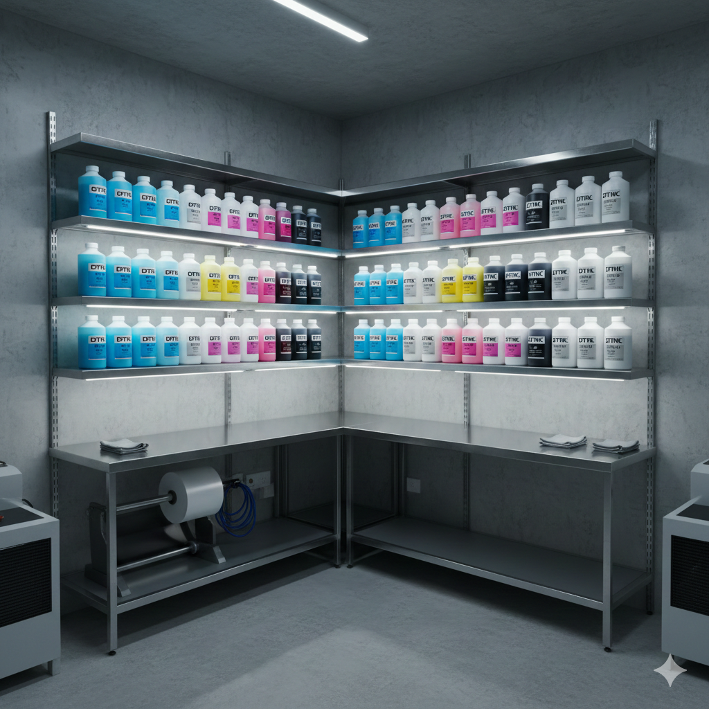 DTF Inks Power Guide: 100 ml vs 1 L vs Bulk – Which Is Better? - Proper storage of DTF inks in printing workspace