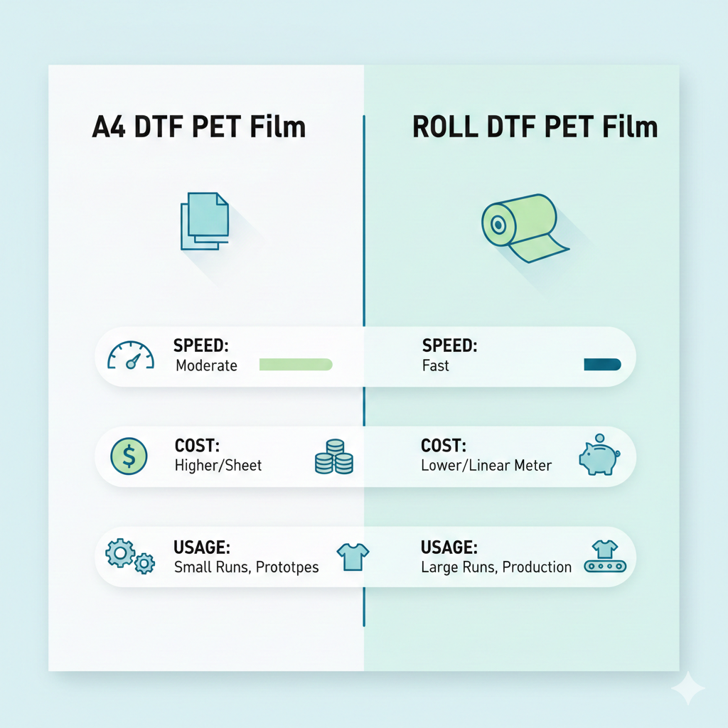 DTF PET Film A4 vs Roll comparison chart
