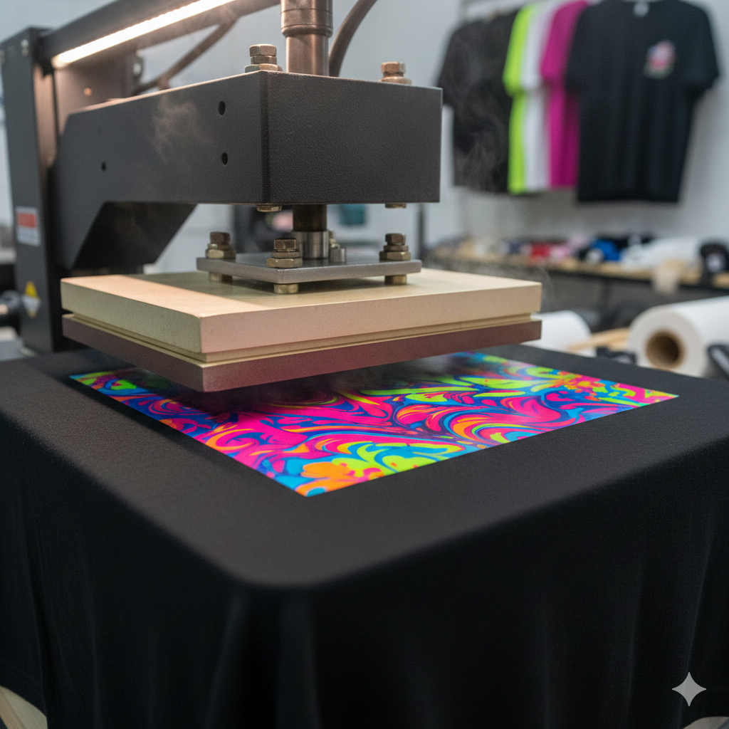 DTF Print heat press transferring design onto t-shirt