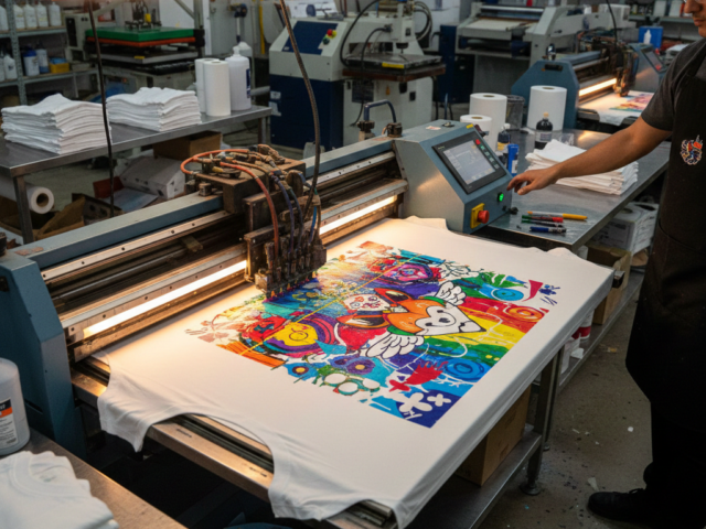 DTG Printing machine printing custom t-shirts