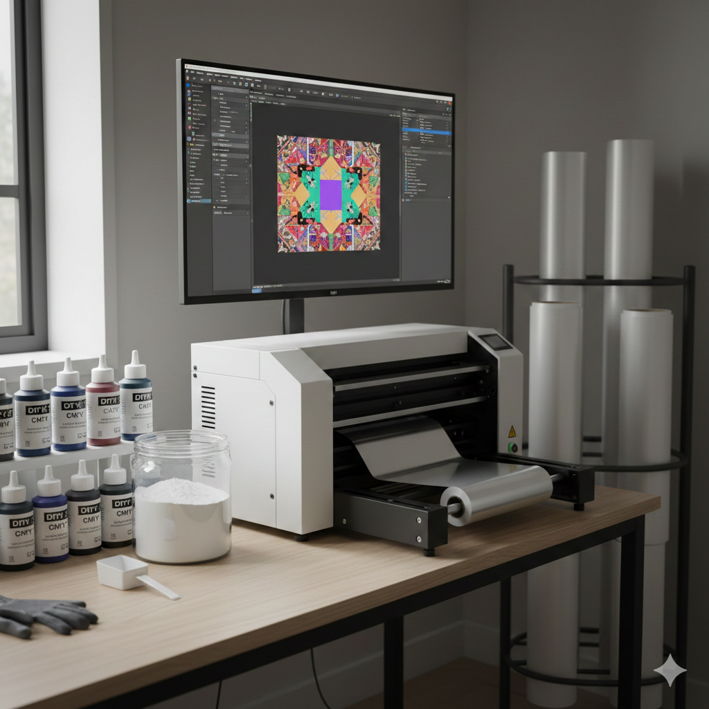 DTF Print materials including film, ink, powder, and printer