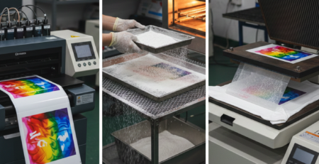 DTF Print process showing film, ink, and heat press