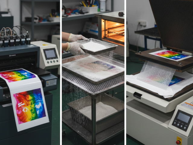DTF Print process showing film, ink, and heat press