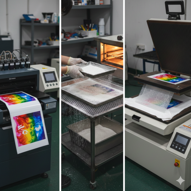 DTF Print process showing film, ink, and heat press