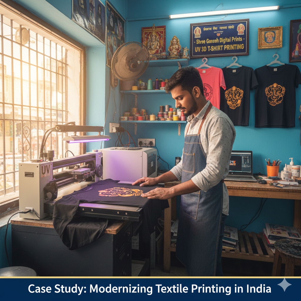 UV 3D Printing Proven: Why Indian Printers Prefer Crystal UV 3D Printing for T-Shirts - UV 3D Printing used in Indian print shop