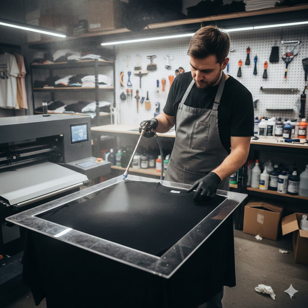 DTG Printing Mastery: Top 10 Mistakes Beginners Make in DTG Printing - DTG Printing pretreatment application on t-shirt