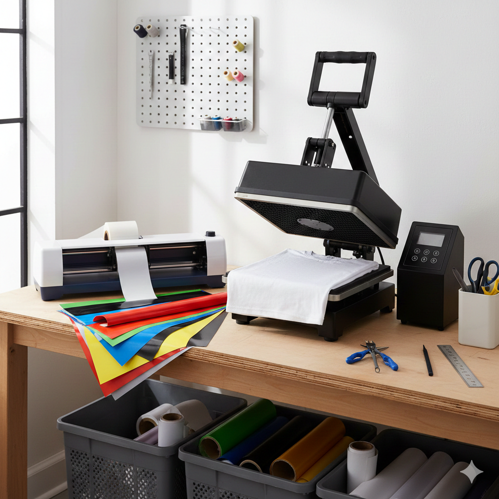 Vinyl Printing setup with cutter and heat press