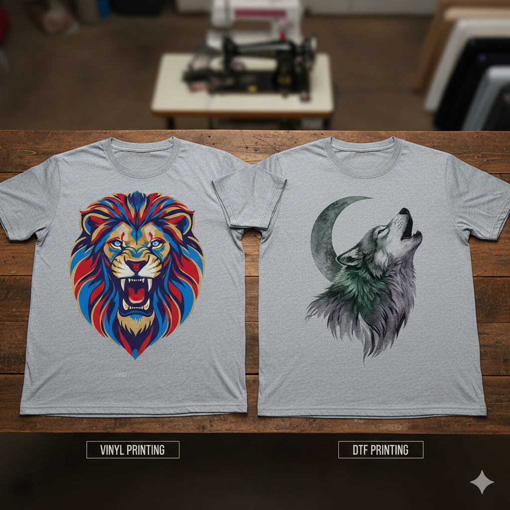 Vinyl Printing vs DTF printing finished t-shirt result