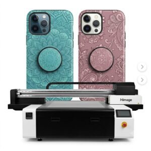 Locor A3 XP600 UV Printer – Dual Head A3 UV Flatbed Printing Machine - Compact Mimage UV flatbed printer set against a clean white background, showcasing two custom-printed phone cases behind it—one turquoise mandala and one dusty rose floral design, each featuring matching printed phone grips.