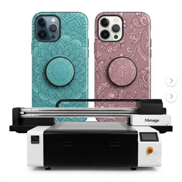 Locor A3 XP600 UV Printer – Dual Head A3 UV Flatbed Printing Machine - Compact Mimage UV flatbed printer set against a clean white background, showcasing two custom-printed phone cases behind it—one turquoise mandala and one dusty rose floral design, each featuring matching printed phone grips.
