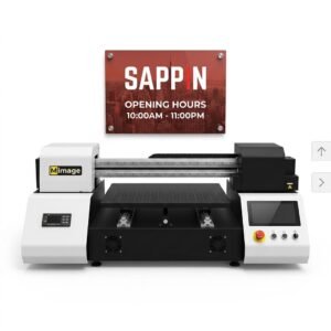 Locor A3 XP600 UV Printer – Dual Head A3 UV Flatbed Printing Machine - Product photo of a Mimage flatbed UV printer in operation with its linear rail system and print bed visible, positioned below a red acrylic SAPPIN store sign on a white background.