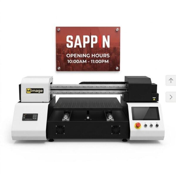 Locor A3 XP600 UV Printer – Dual Head A3 UV Flatbed Printing Machine - Product photo of a Mimage flatbed UV printer in operation with its linear rail system and print bed visible, positioned below a red acrylic SAPPIN store sign on a white background.