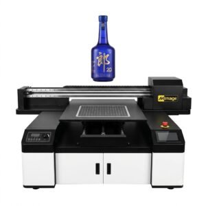 Locor A3 XP600 UV Printer – Dual Head A3 UV Flatbed Printing Machine - Industrial product photo of a Mimage digital UV flatbed printer on a clean white background, featuring a blue hardside suitcase with a custom red ELLE logo and an illustrated woman graphics printed on it, centered within a square frame.