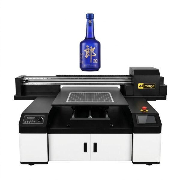 Locor A3 XP600 UV Printer – Dual Head A3 UV Flatbed Printing Machine - Industrial product photo of a Mimage digital UV flatbed printer on a clean white background, featuring a blue hardside suitcase with a custom red ELLE logo and an illustrated woman graphics printed on it, centered within a square frame.