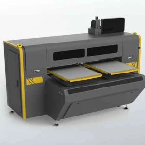 HJD dual-platen DTG printer with grey cabinet, yellow trim and two garment loading platens