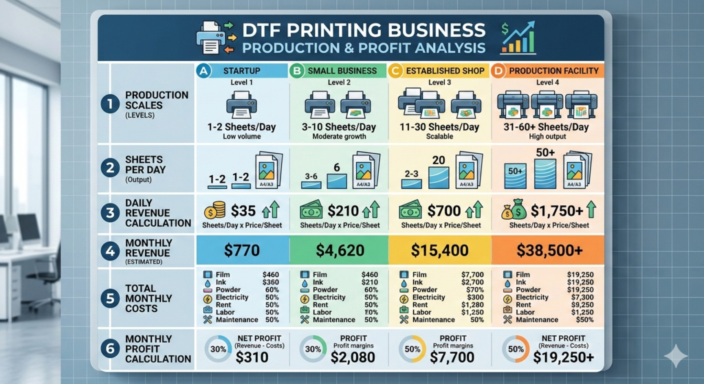DTF Printer Investment profit scenario chart for printing businesses
