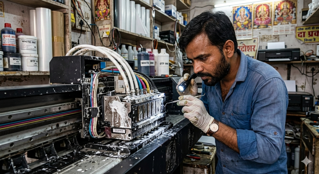 DTF Printer Investment showing white ink clogging in print head