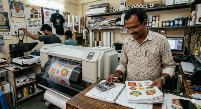 DTF Printer Investment analysis in Indian print shop with owner calculating ROI