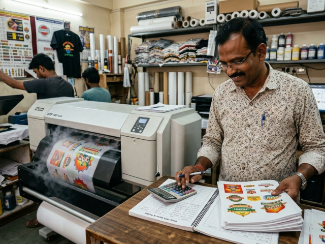 DTF Printer Investment analysis in Indian print shop with owner calculating ROI