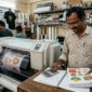 DTF Printer Investment analysis in Indian print shop with owner calculating ROI